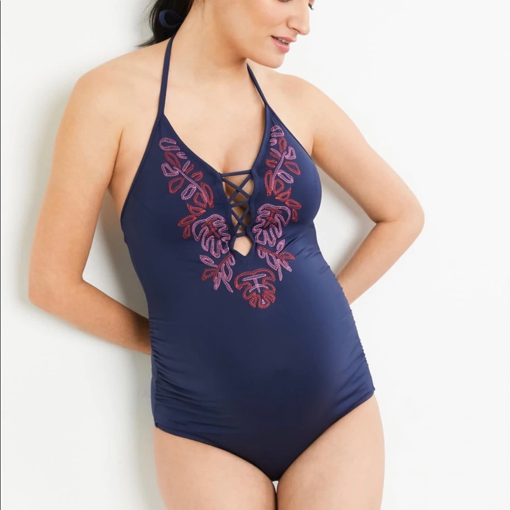 Maternity - A Pea in the Pod - Embroidered One Piece Swimsuit